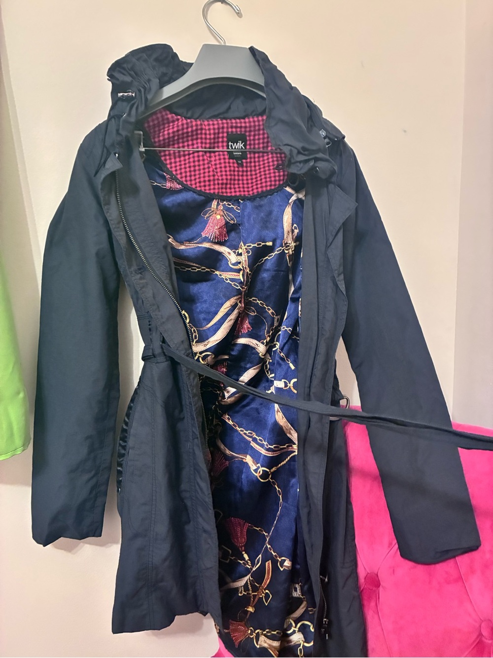 Twik Navy Trench Coat with Patterned Satin Lining